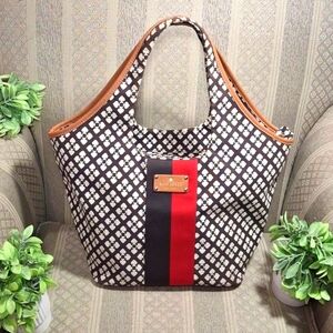 kate spade Brown and White Patterned Tote with Red and Brown Stripe